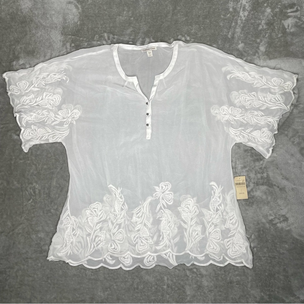 NWT Coldwater Creek Sheer White Embroidered Blouse Size L 14 Boho Office
